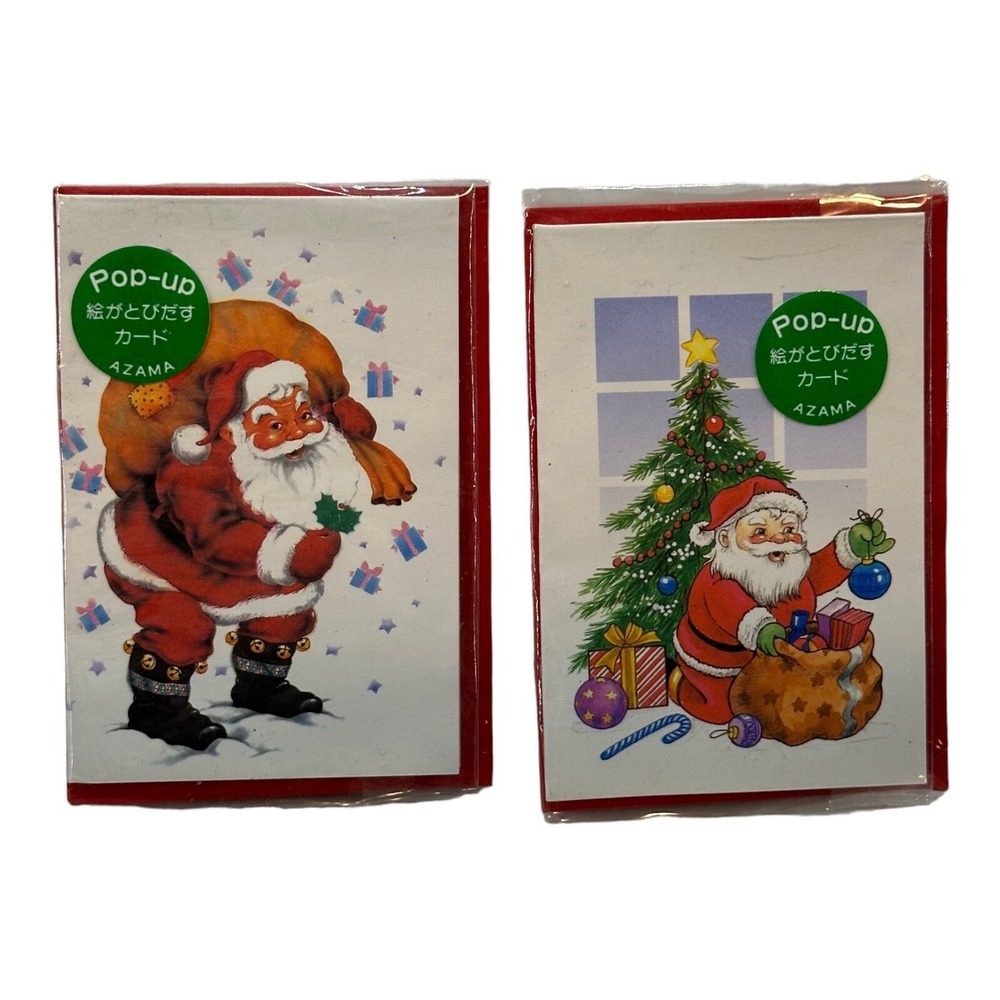 (2) Christmas Miniature Greeting Pop-up Cards Santa Gifts Toys Cat Taiwan VTG